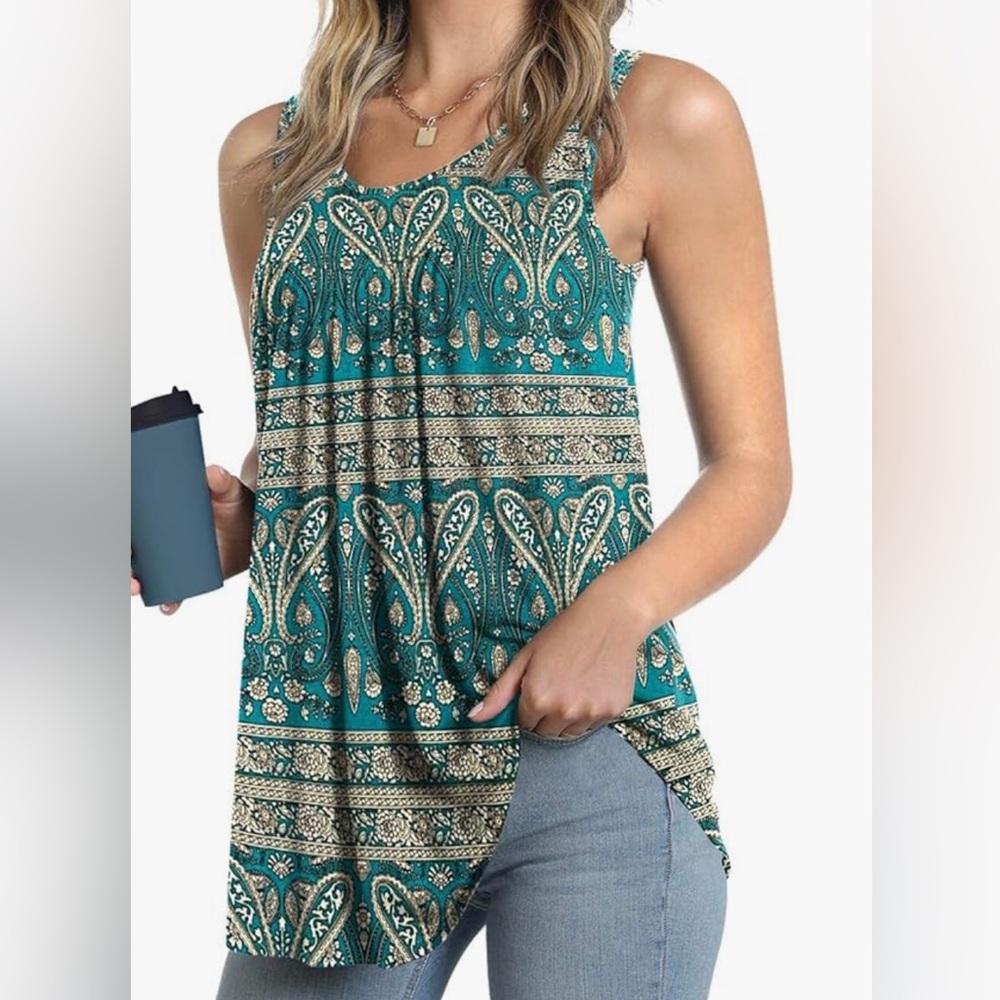 Sleeveless Teal & Khaki Patterned Tunic Blouse
